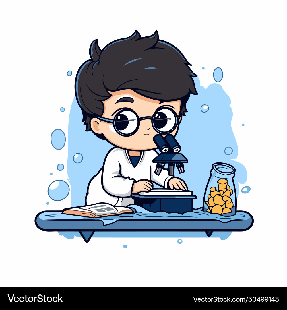 A boy doing science experiments with microscope Vector Image
