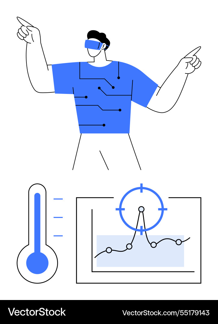 Person using virtual reality with data analysis Person using virtual reality with data analysis Vector Image