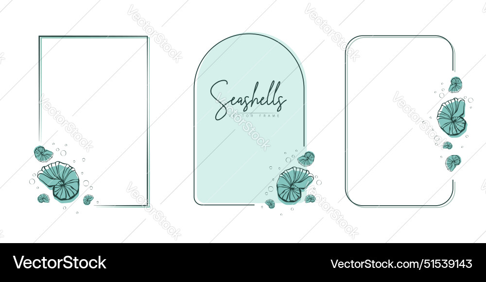 Set of hand drawn line art frames with shells Set of hand drawn line art frames with shells vector image