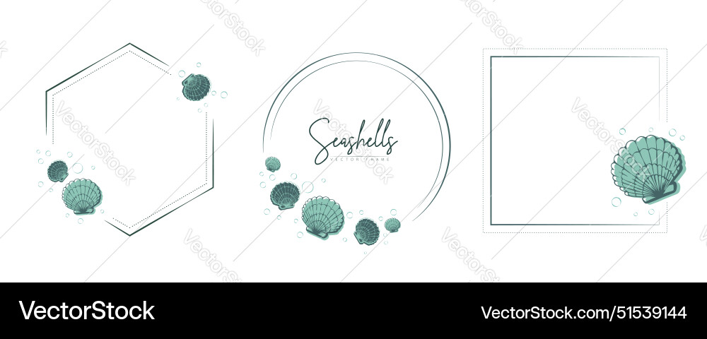 Set of hand drawn line art frames with shells vector image