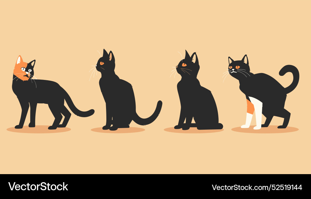 Vier Cartoon Katzen verschiedene Posen beige Hintergrund Vier Cartoon Katzen verschiedene Posen beige Hintergrund vektorbild