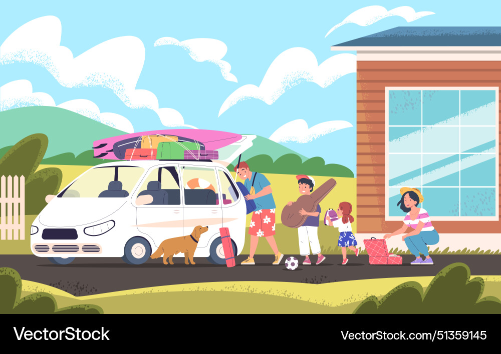 Family packing car people pack luggage Family packing car people pack luggage vector image