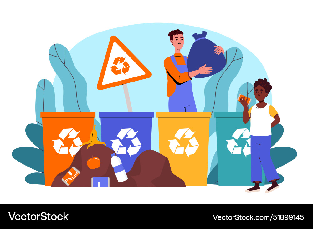 People sort garbage men near colorful containers People sort garbage men near colorful containers vector image