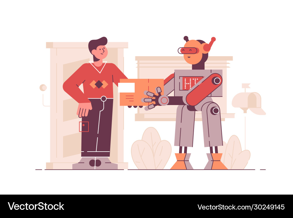 Robot delivering package to client Robot delivering package to client vector image