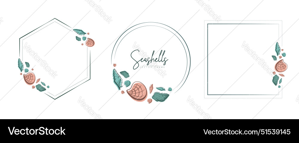 Set of hand drawn line art frames with shells Set of hand drawn line art frames with shells vector image