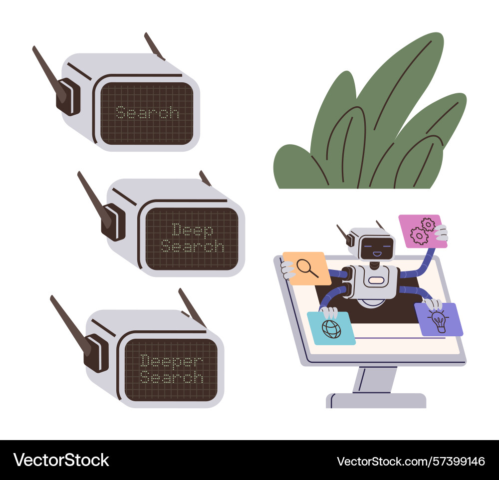 Ai-powered search robot exploring diverse topics Ai-powered search robot exploring diverse topics vector image