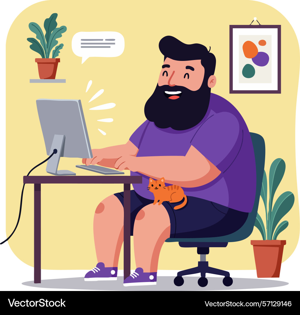 Bearded man working on computer with orange cat Bearded man working on computer with orange cat vector image