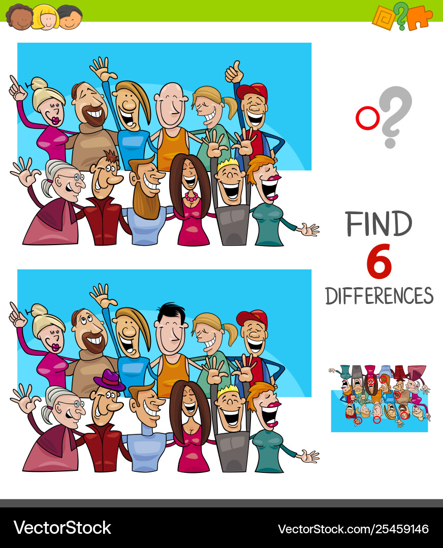 Differences game with people characters group Differences game with people characters group Vector Image