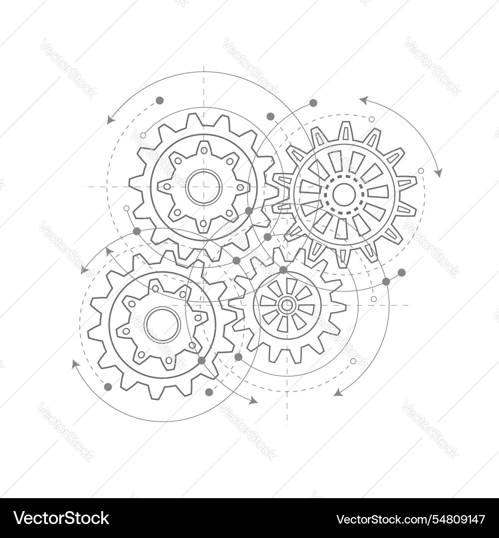 Technical drawing of gears rotating mechanism Technical drawing of gears rotating mechanism Vector Image