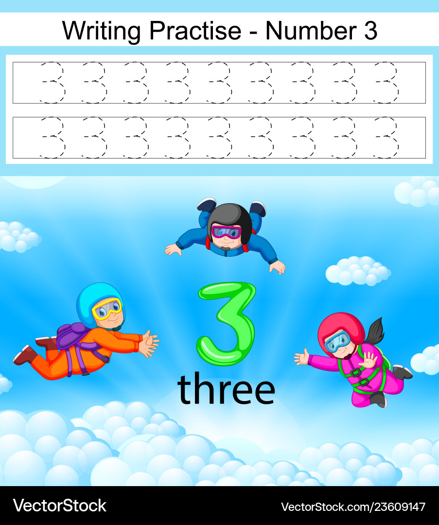 Writing practices number 3 with three skydiving Writing practices number 3 with three skydiving vector image