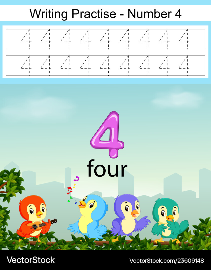 Writing practices number 4 with bird Writing practices number 4 with bird vector image