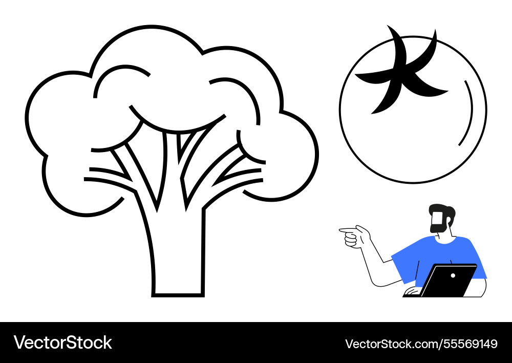 Man with laptop pointing at broccoli Man with laptop pointing at broccoli vector image