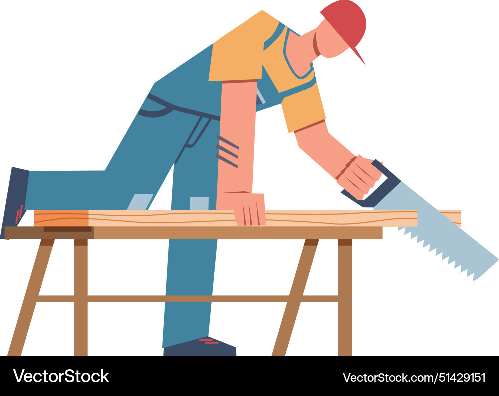 Carpenter Working with Saw in Workshop Vector Image