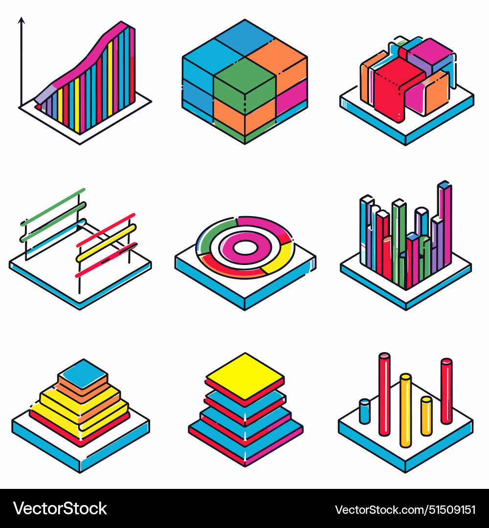 Collection colorful isometric 3d charts graph Collection colorful isometric 3d charts graph vector image
