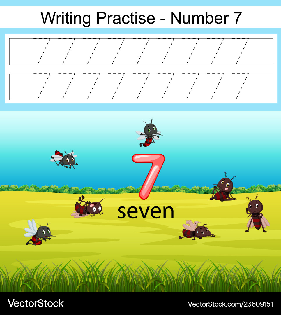 Writing practices number 7 with mosquito vector image