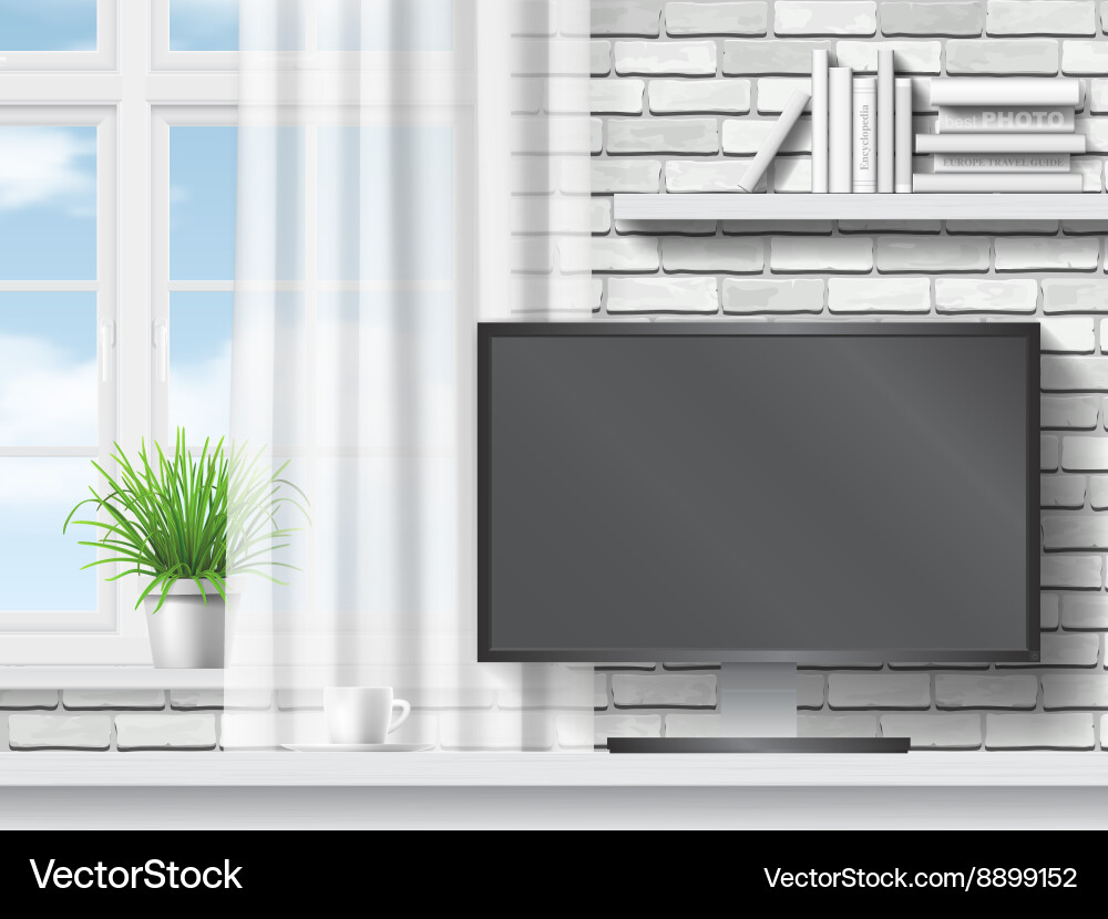 Work table with computer on white brick background vector image