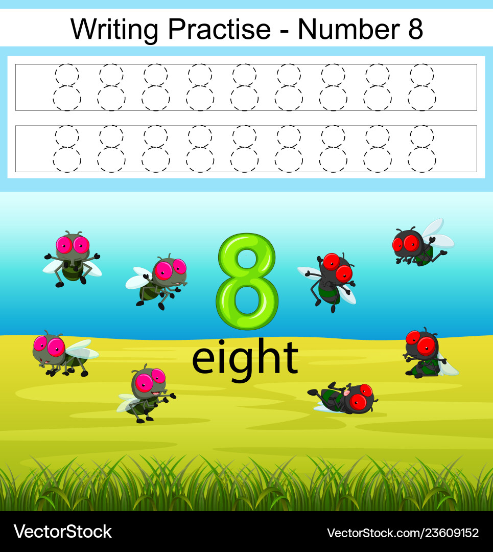 Writing practices number 8 with flies Vector Image
