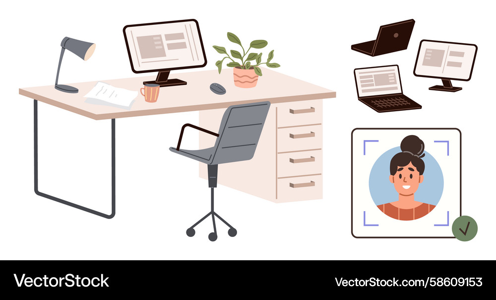 Modern workspace with desk computer setup Modern workspace with desk computer setup Vector Image