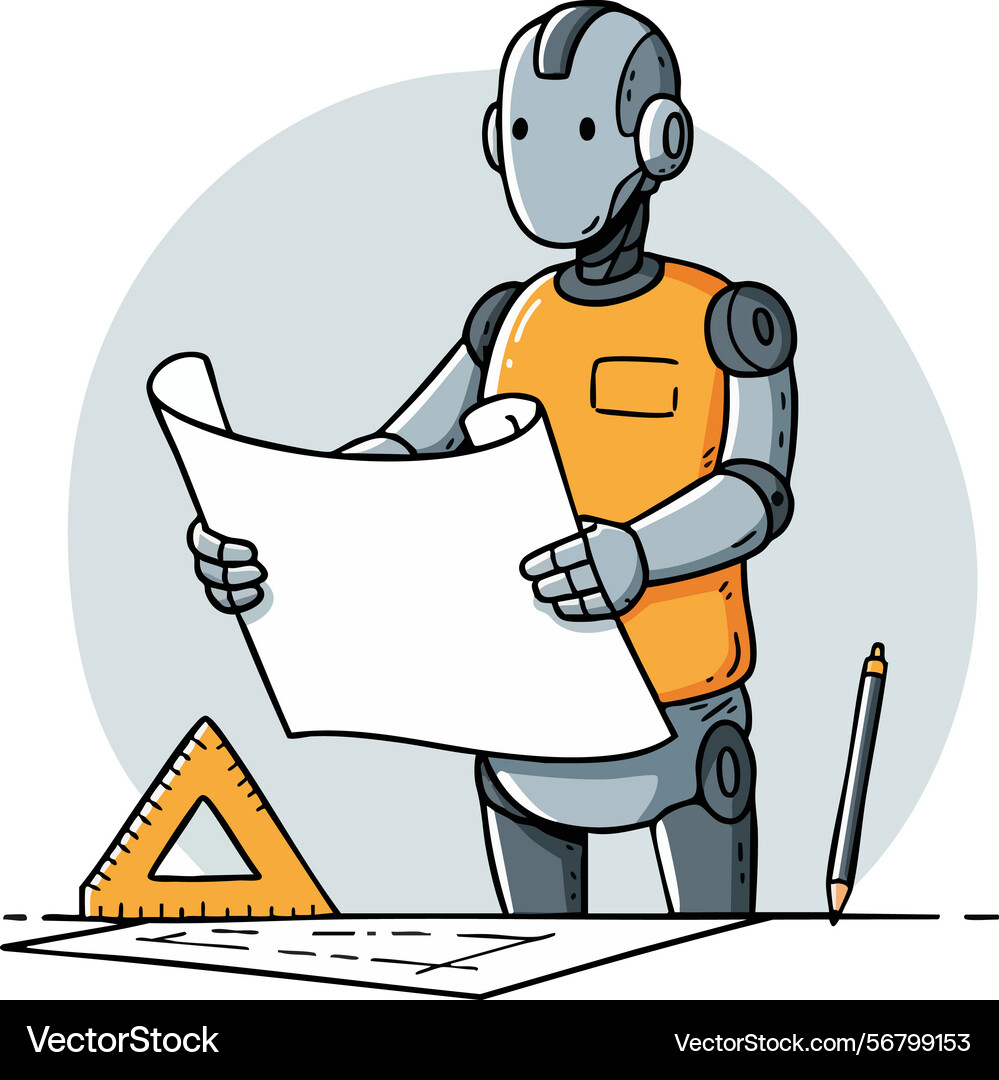 Robot engineer examining blueprint with drafting Vector Image