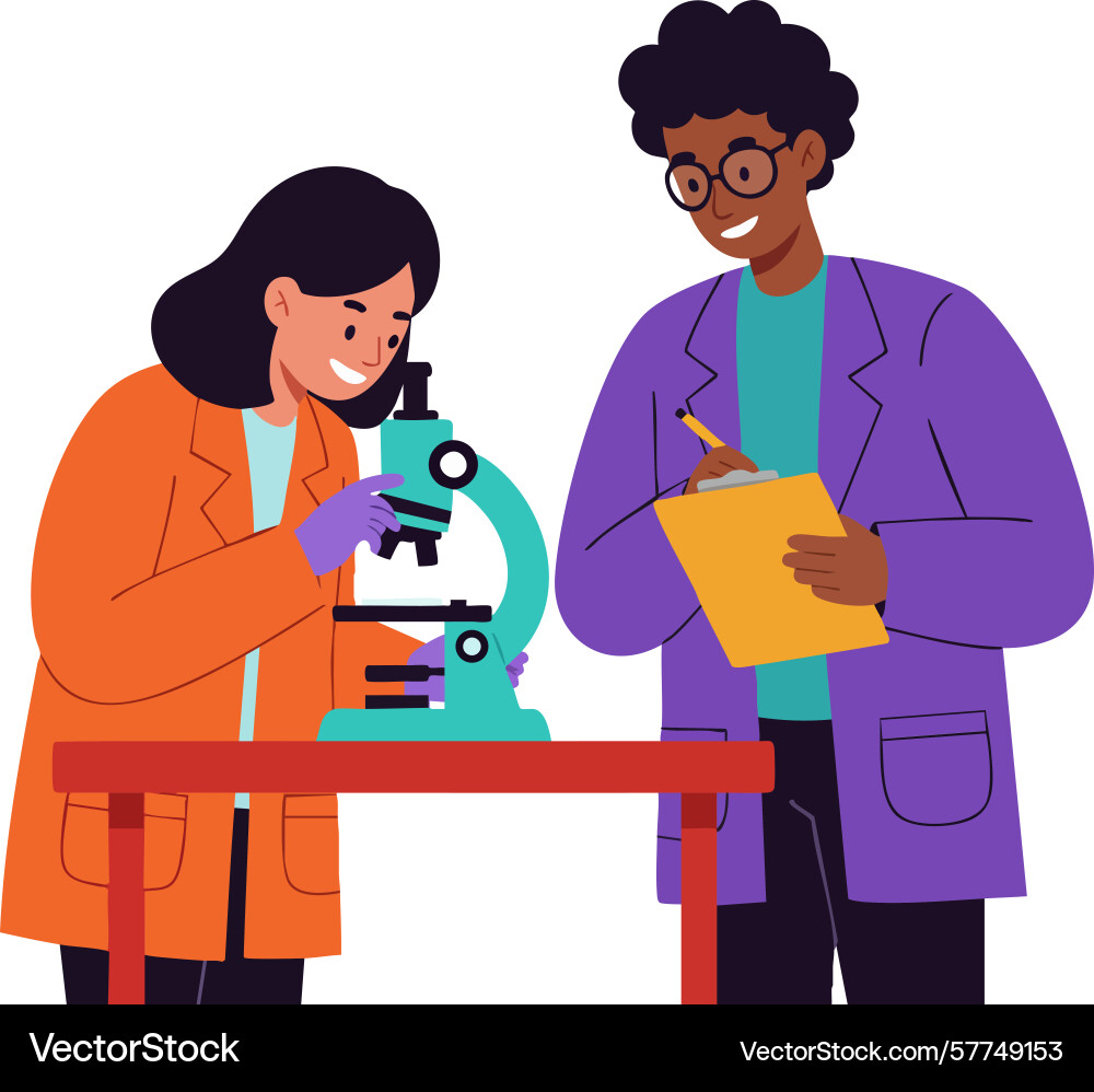 Scientists working together using microscope Vector Image