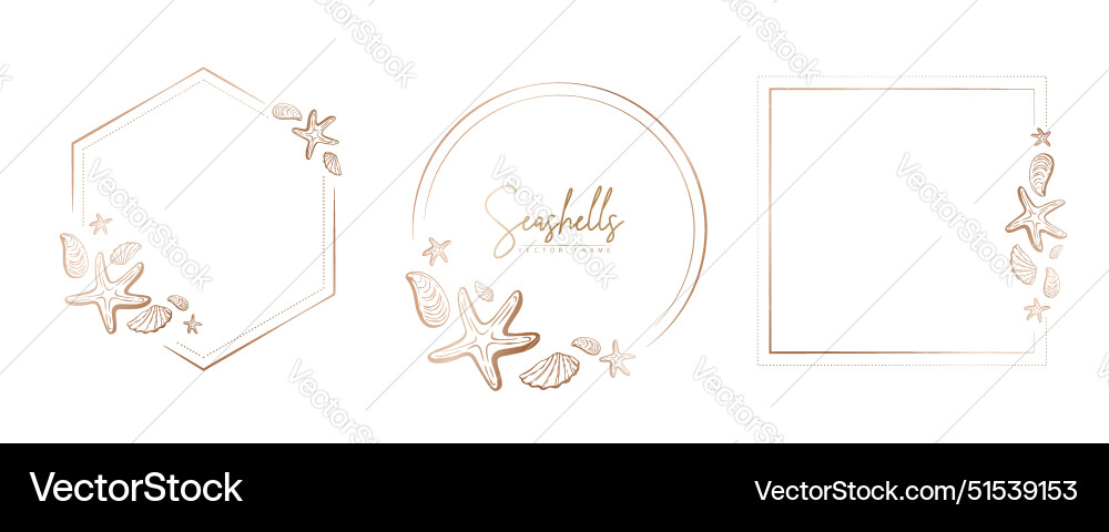 Set of hand drawn line art frames with shells vector image