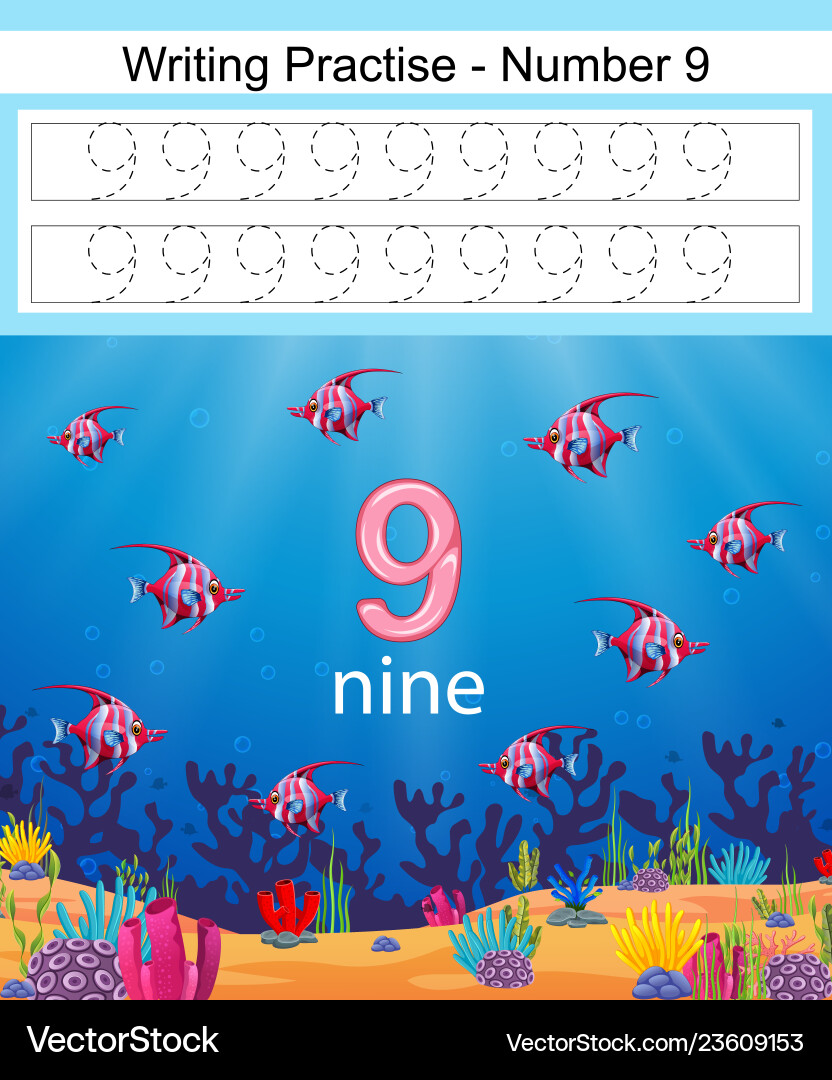 Writing practices number 9 with fish Writing practices number 9 with fish vector image