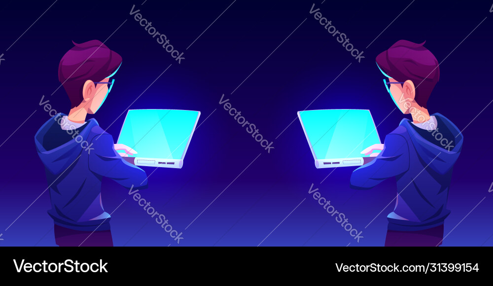 Teenage boy using computer app back view Teenage boy using computer app back view vector image