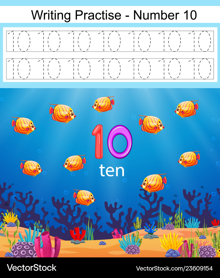 Writing practices number 10 with fish Writing practices number 10 with fish Vector Image