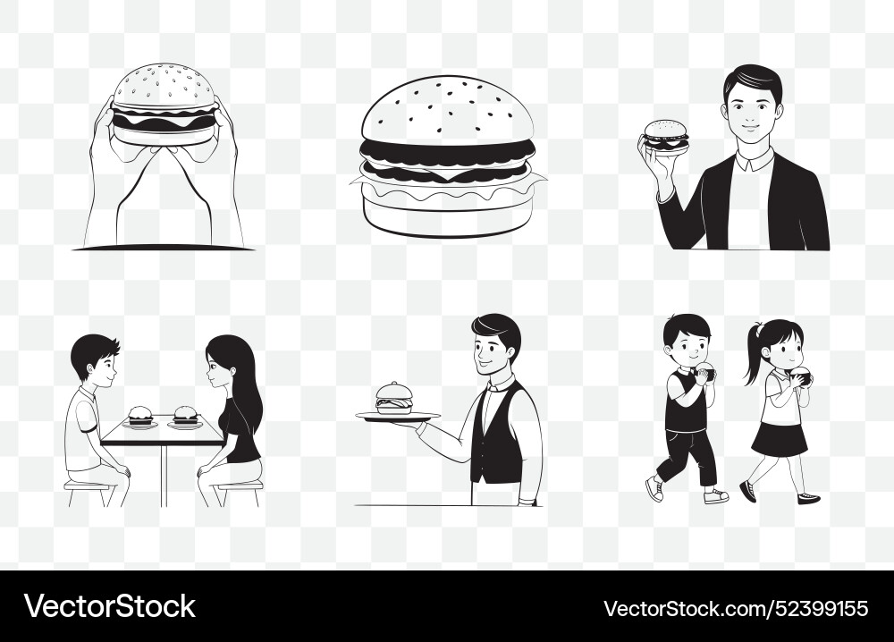 Print comprehensive burger line art set Vector Image