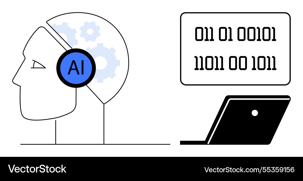 Human head with ai label binary code and laptop Human head with ai label binary code and laptop vector image