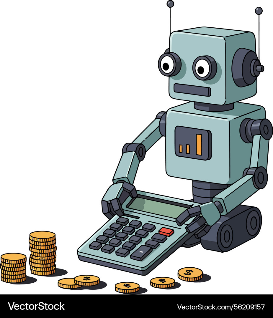 A charming robot using calculator surrounded A charming robot using calculator surrounded vector image