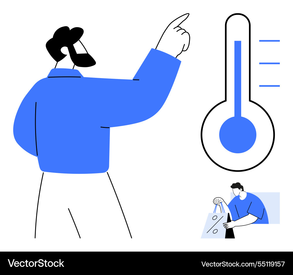 Man pointing at a thermometer with shopper Man pointing at a thermometer with shopper vector image