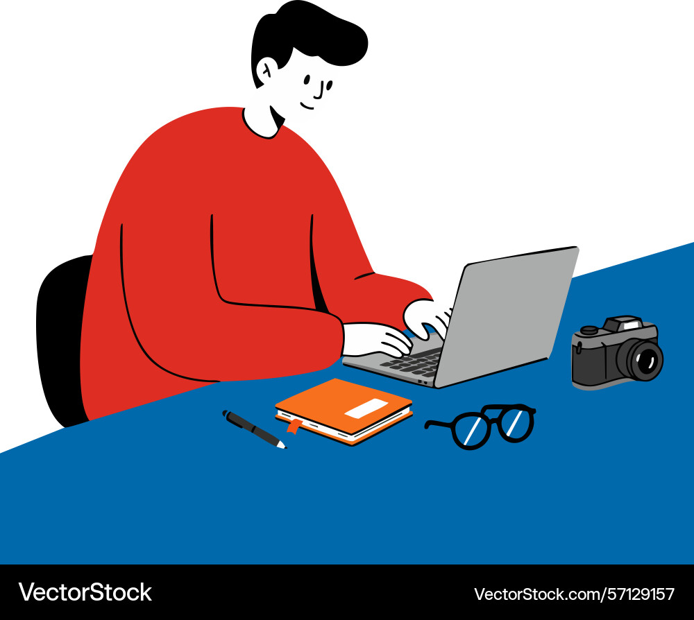 Man working on laptop with notebook pen camera Man working on laptop with notebook pen camera vector image