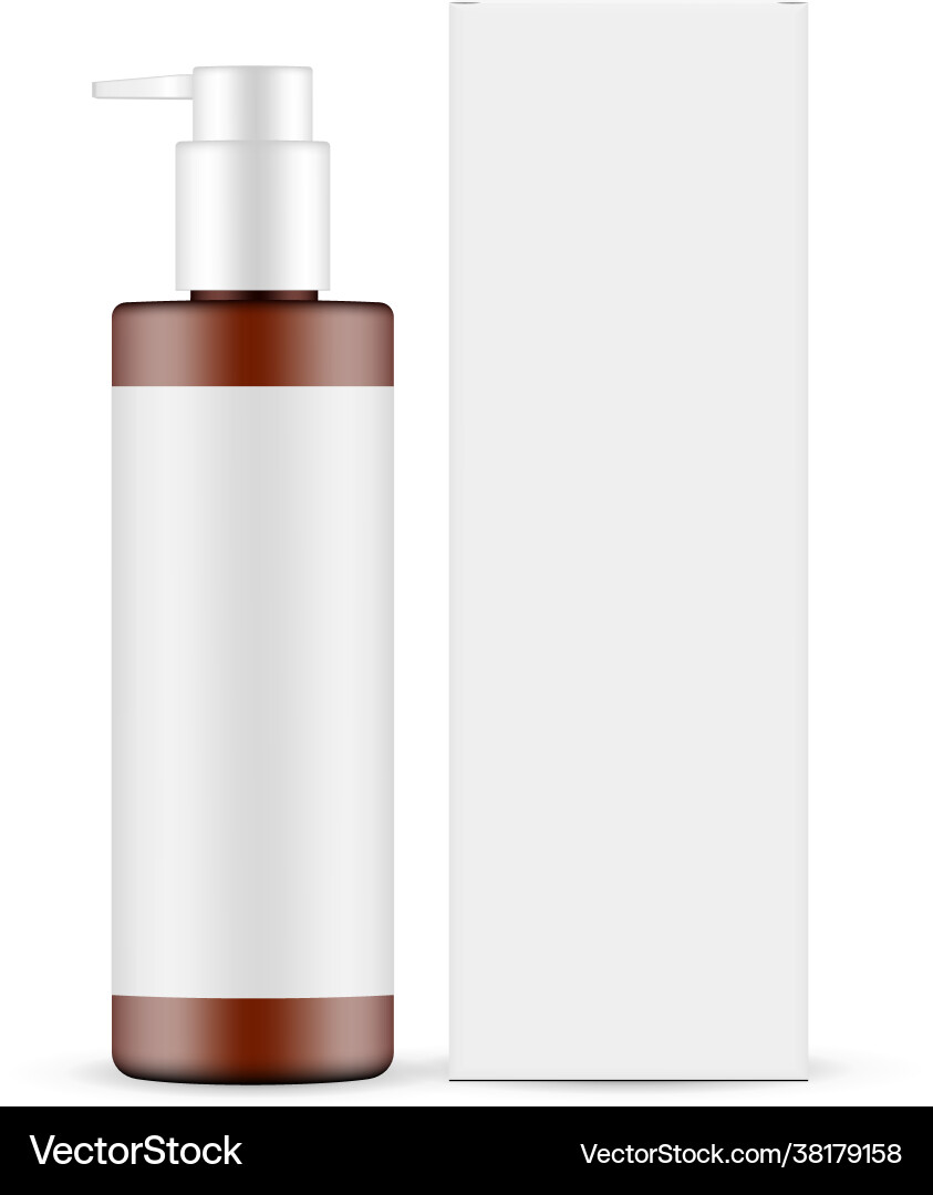 Amber pump bottle mockup with paper box Amber pump bottle mockup with paper box vector image