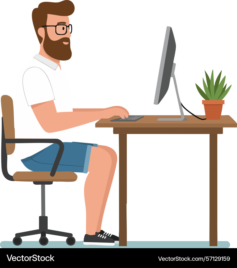 Bearded man working on computer at desk Bearded man working on computer at desk vector image