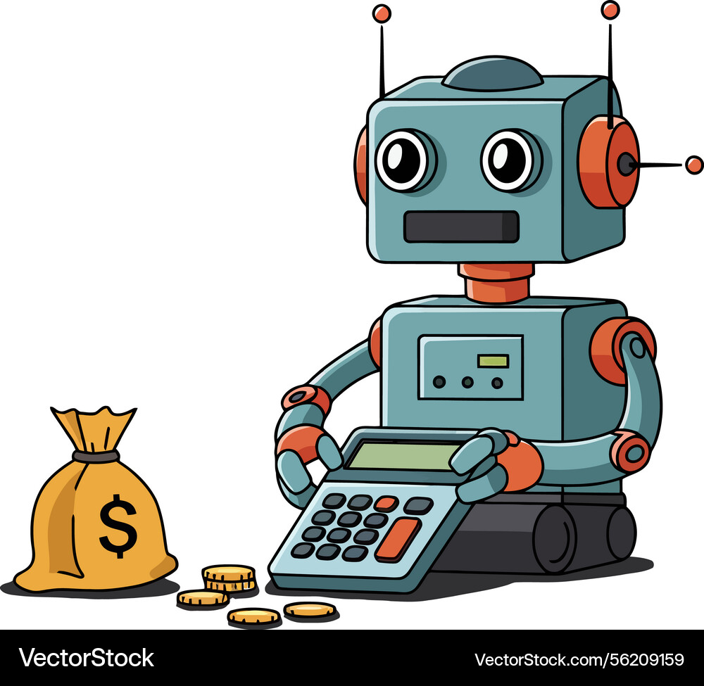 Robot counting coins with calculator beside vector image