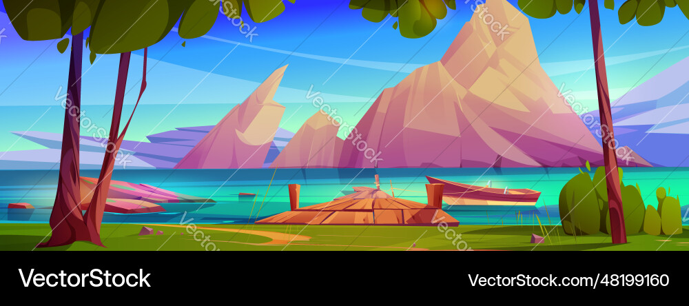 Mountain lake with dock and boat cartoon Mountain lake with dock and boat cartoon vector image