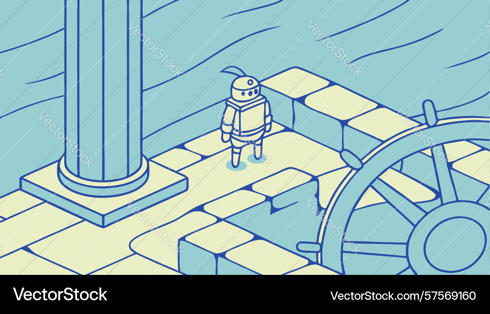 Robot with ships wheel in abstract scene design vector image