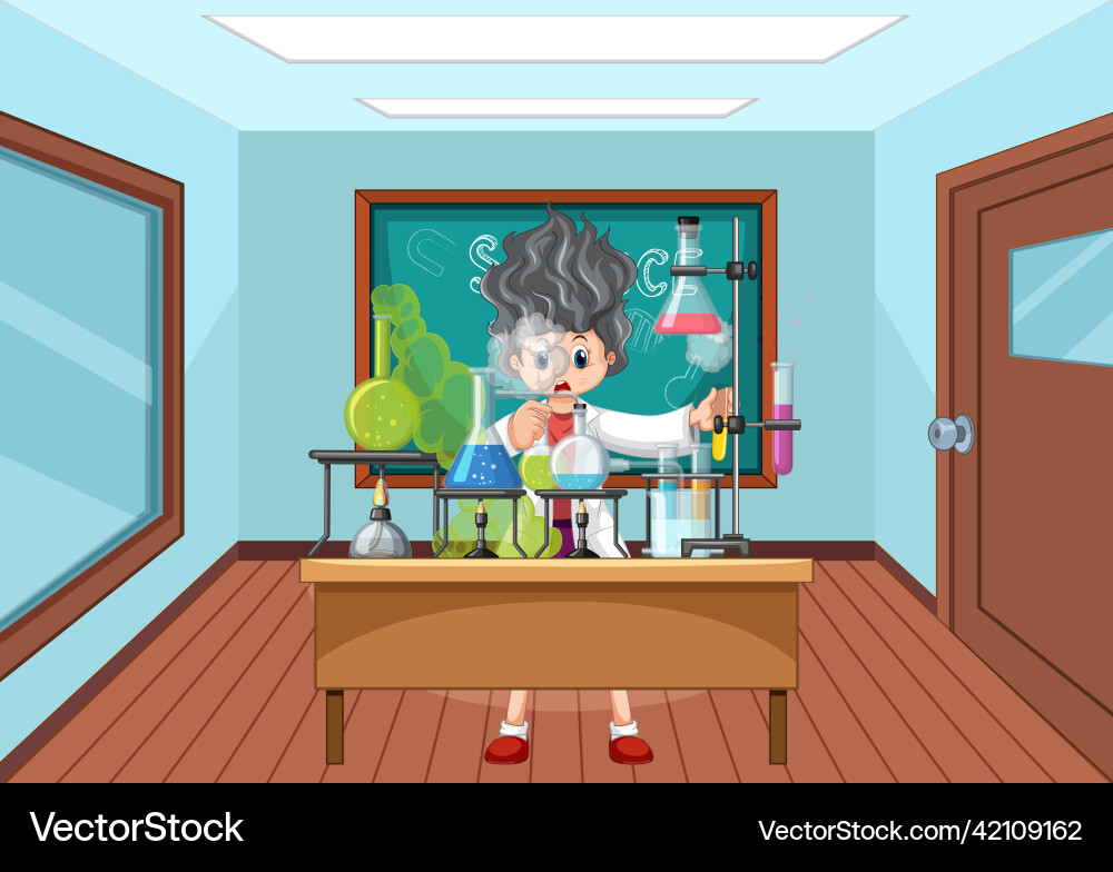 Classroom scene with scientist doing experiment Classroom scene with scientist doing experiment vector image