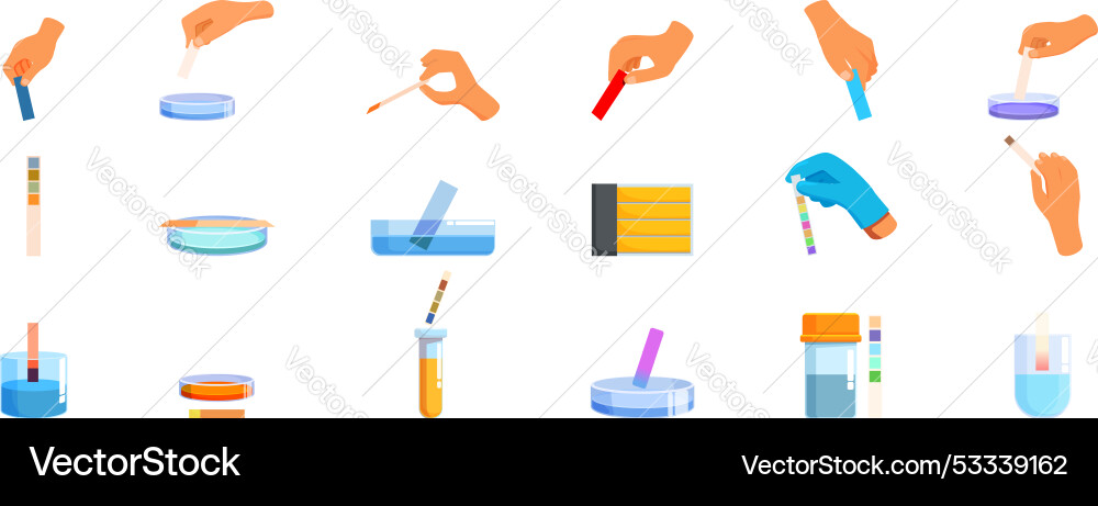 Test paper strips icons set scientists using Test paper strips icons set scientists using vector image