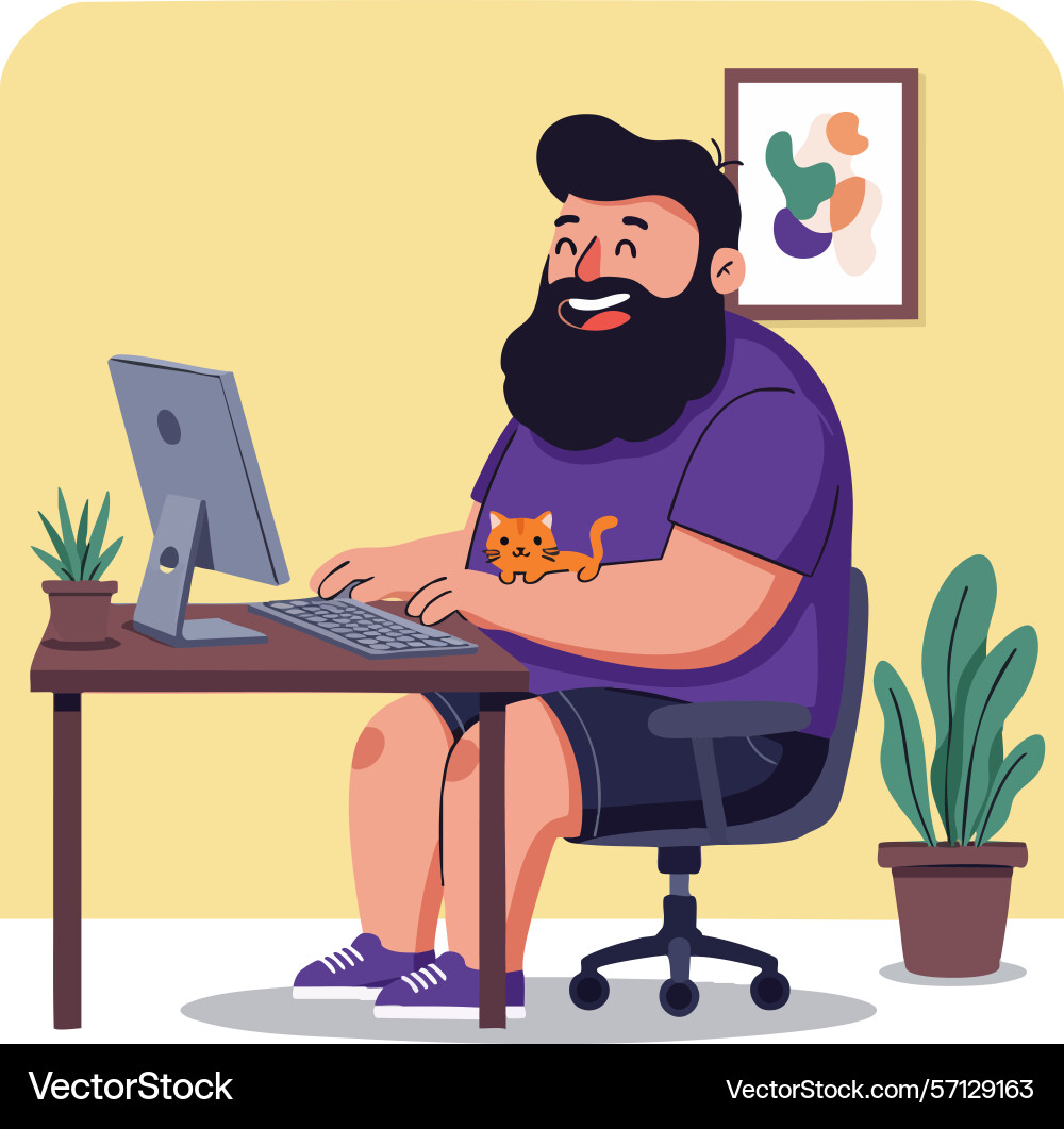 Bearded man working on computer at desk with cat Bearded man working on computer at desk with cat vector image