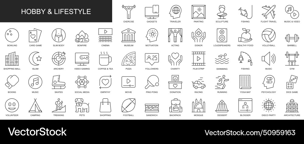 Hobby und Lifestyle Web-Icons in dünner Linie gesetzt Hobby und Lifestyle Web-Icons in dünner Linie gesetzt vektorbild
