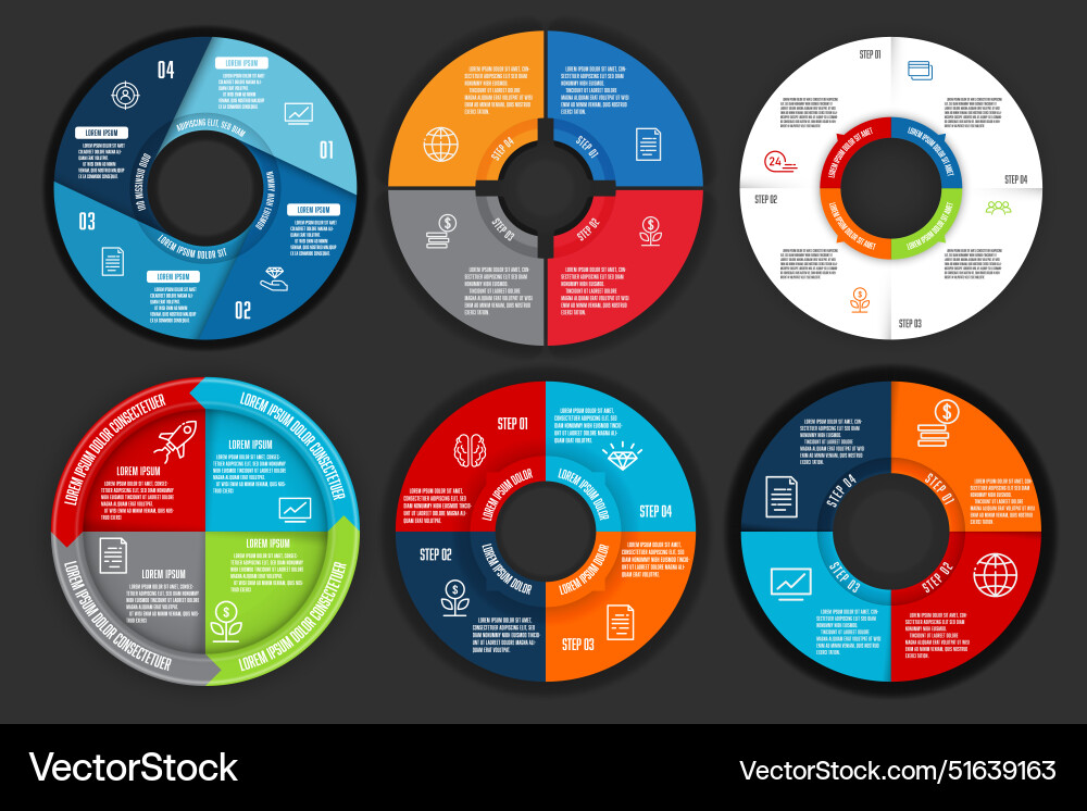 Set circle pie chart into 4 step concept startup Vector Image