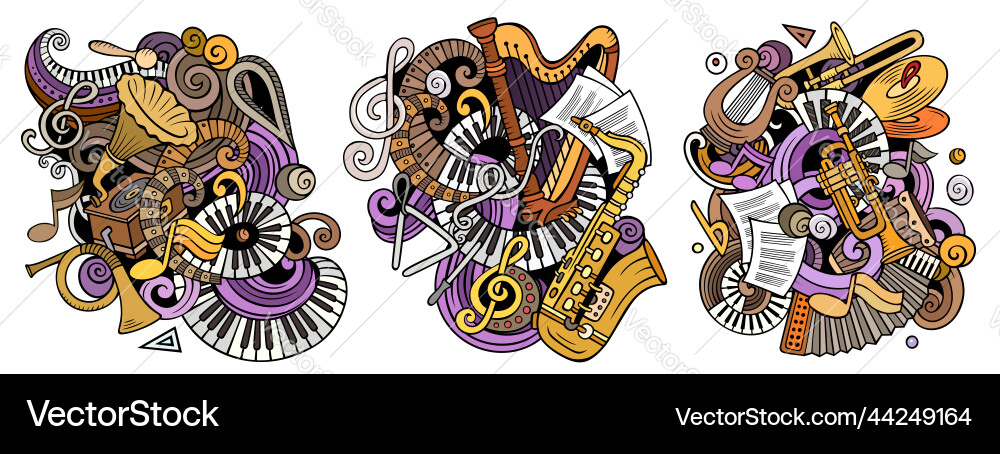 Classical music cartoon doodle designs set vector image