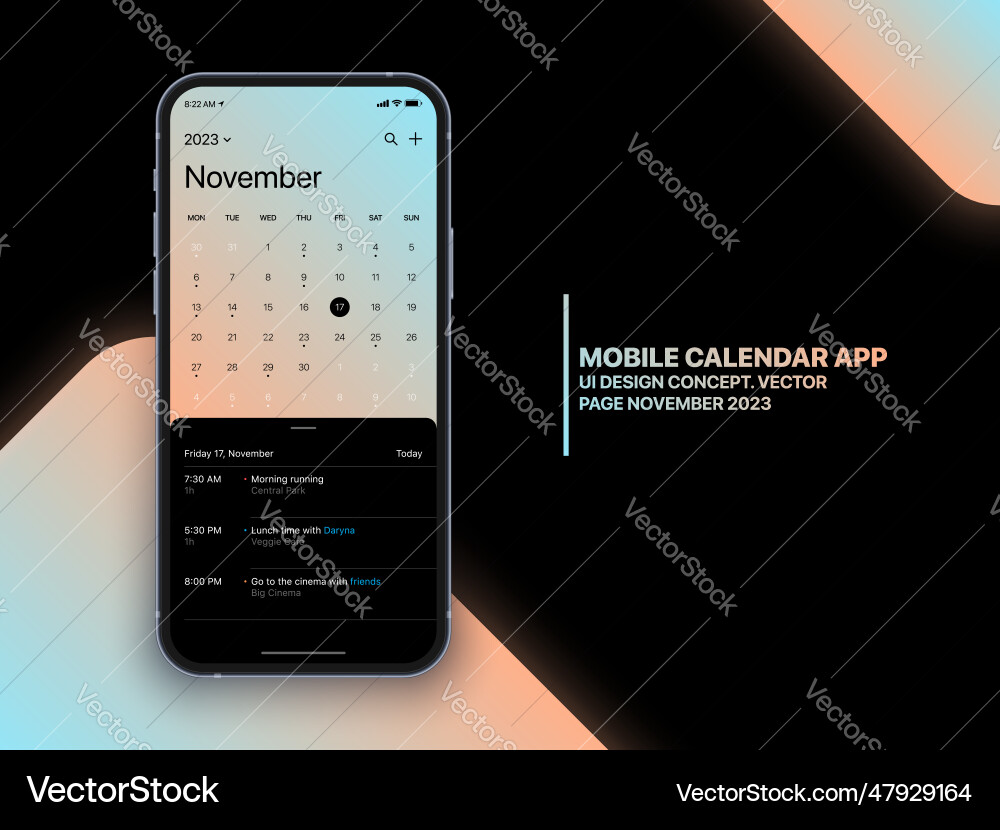 Mobile app calendar 2023 with to do list Mobile app calendar 2023 with to do list vector image