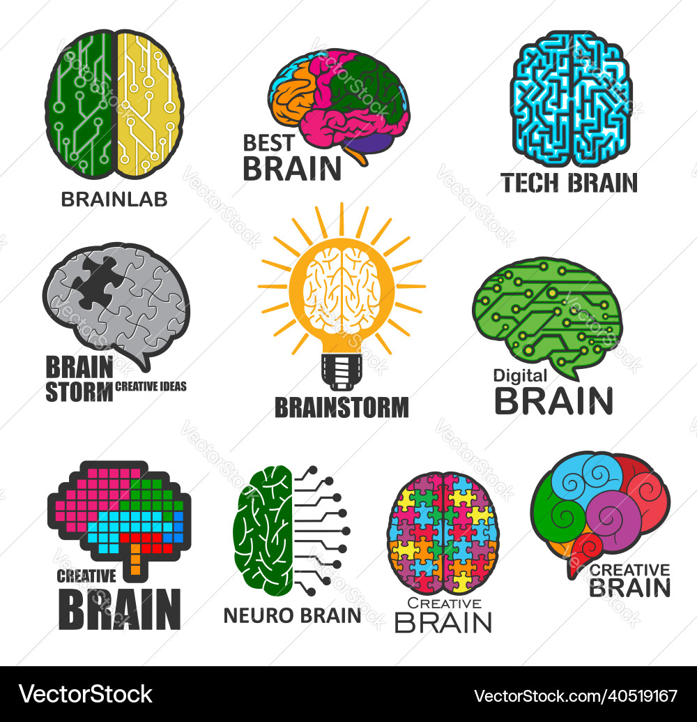 Neuro tech brain brainstorm and lab icons vector image