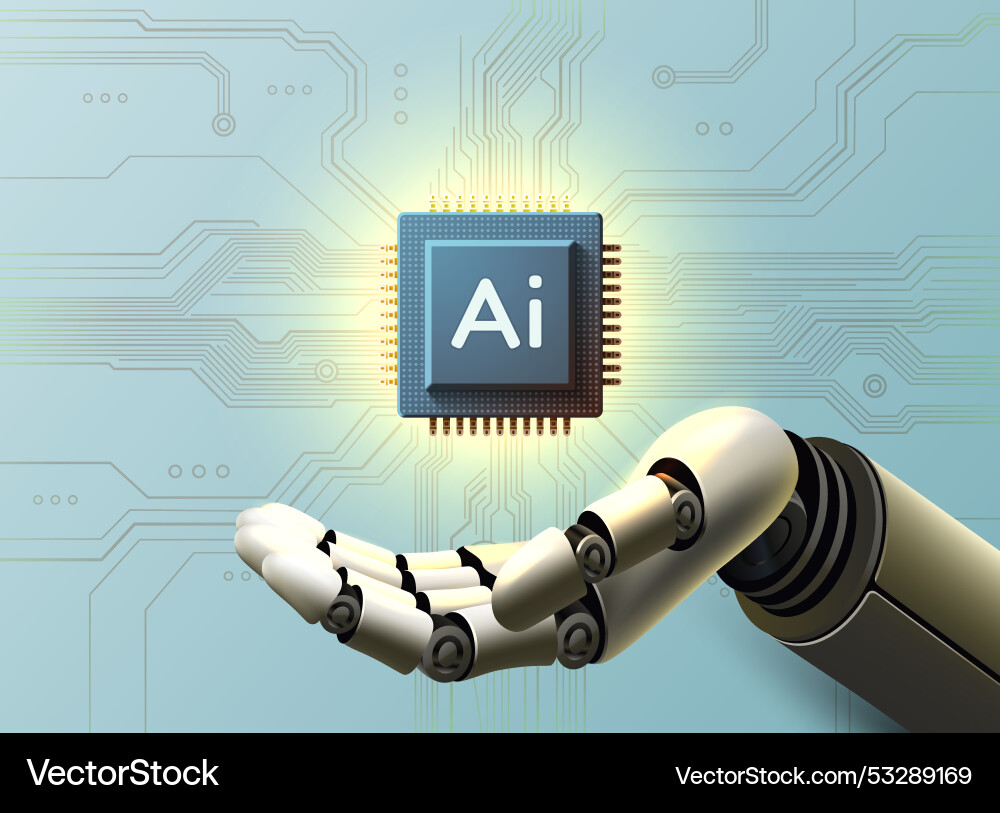 Robot arm with microchip ai processor Robot arm with microchip ai processor vector image
