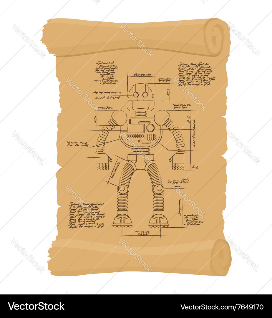 Drawing robot ancient scroll retro scheme Vector Image