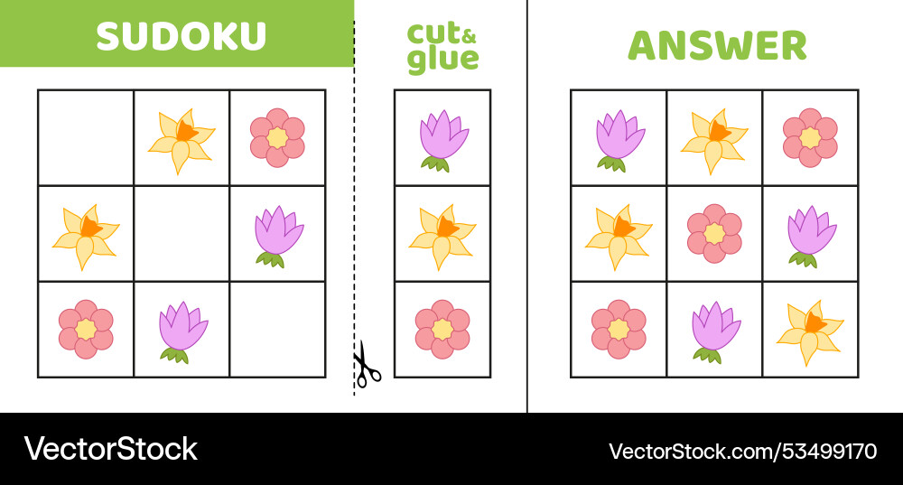 Easy sudoku with three spring flowers game puzzle Vector Image
