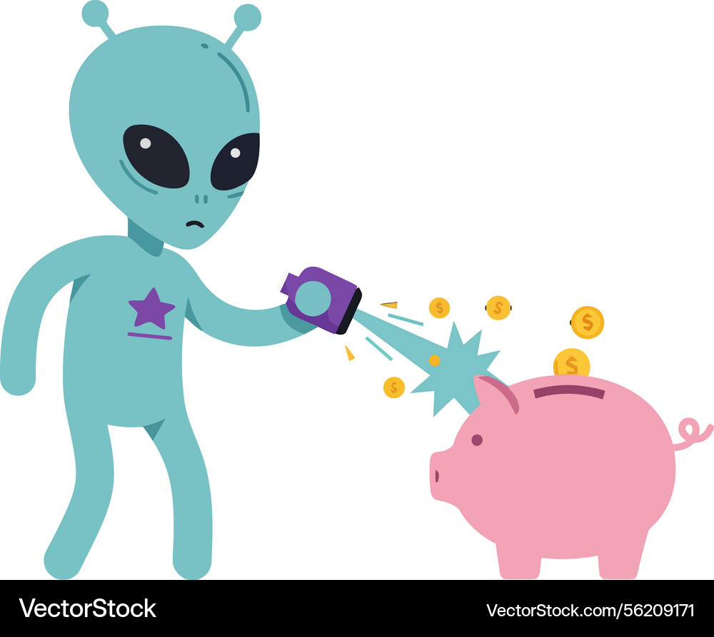 Alien character using a gadget to extract coins Vector Image